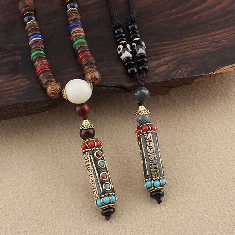 Buddha Stones tibetano Om Mani Padme Hum Dzi cuentas wengué collar de madera colgante - image 3