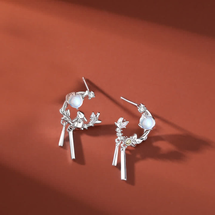 Plata de Ley 925 Año del Conejo Piedra Lunar Patrón de Flor Luna Collar Colgante Pulsera Pendientes - Pendientes - Plata - image 9