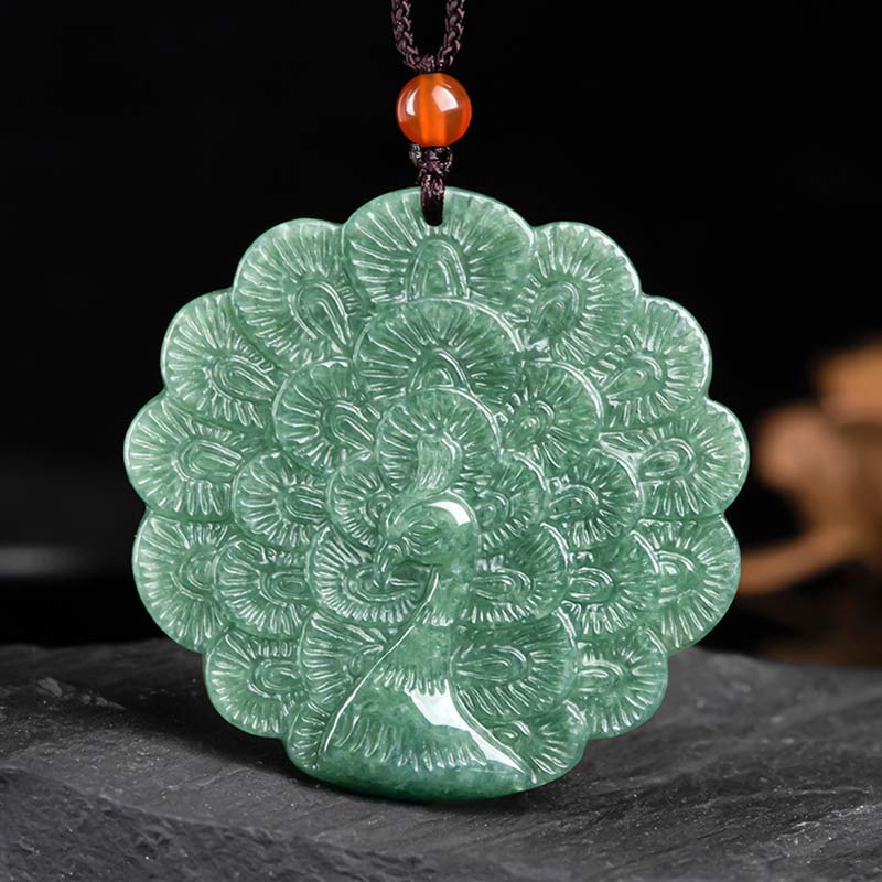 Colgante de collar de prosperidad de suerte de pavo real de jade natural
