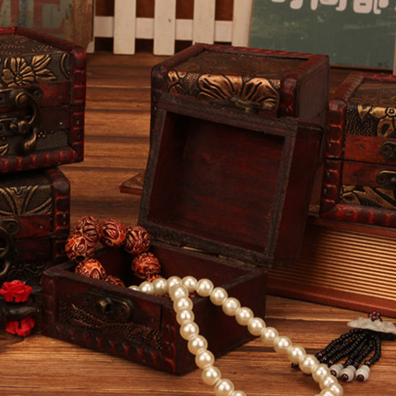 Caja de joyería de madera cuadrada pequeña Retro con Buddha Stones , flor de loto, uva, cobre, moneda, narciso, caja de almacenamiento de joyería