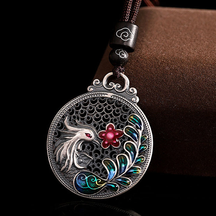 Collar con colgante de plata de ley 990 con Buddha Stones , diseño de fénix y protección de la suerte
