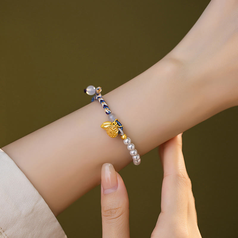 Pulsera de prosperidad de calcedonia de cuerda colorida con perlas de loto de plata de ley 925 con Buddha Stones