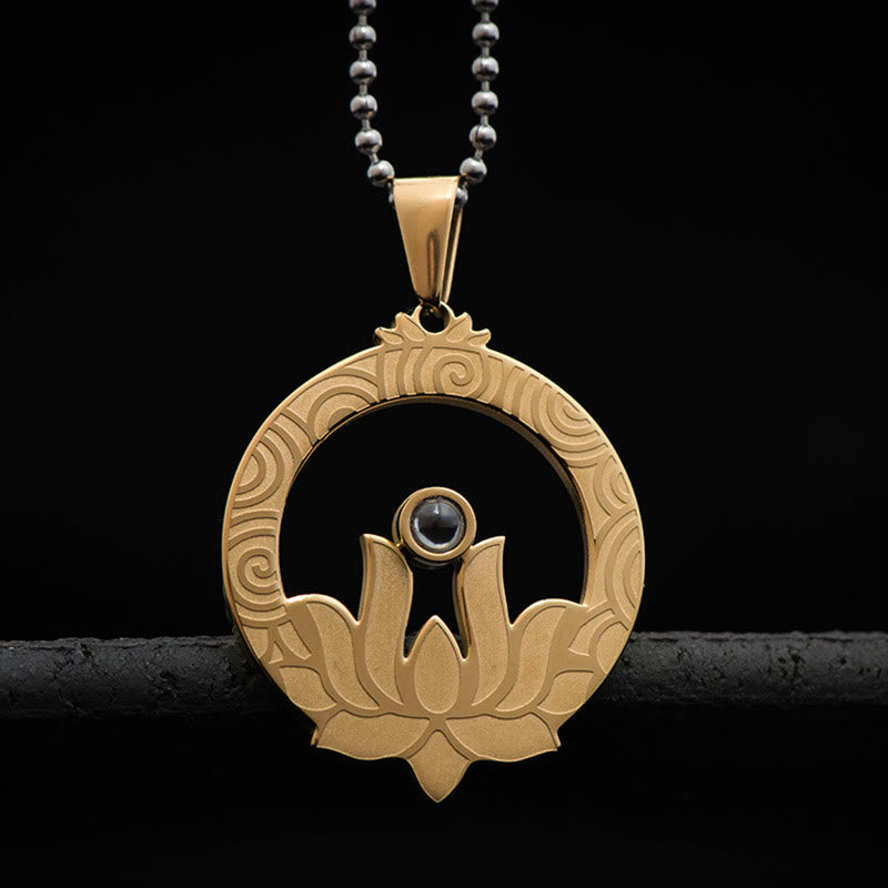 Buddha Stones loto titanio acero iluminación proyección Shurangama Mantra collar colgante