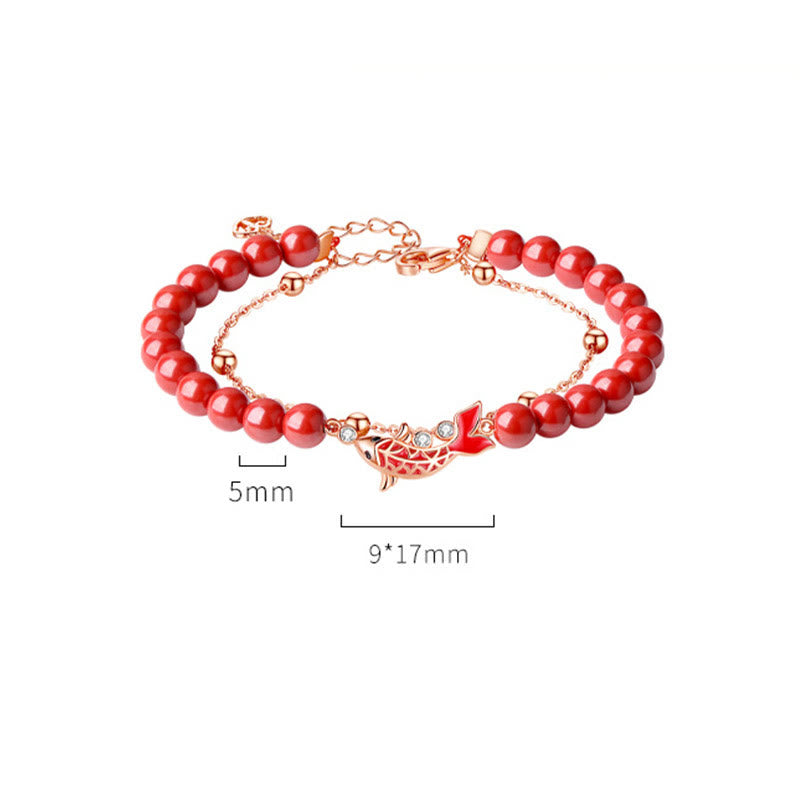 Pulsera de cadena de doble capa con Buddha Stones, Plata de Ley 925, pez Koi de la suerte, circón cinabrio, prosperidad