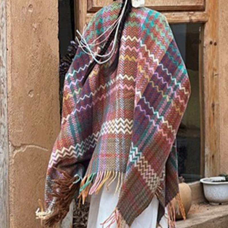 Chal tibetano con Buddha Stones , coloridas formas onduladas a rayas, borlas, bufanda de viaje acogedora para invierno