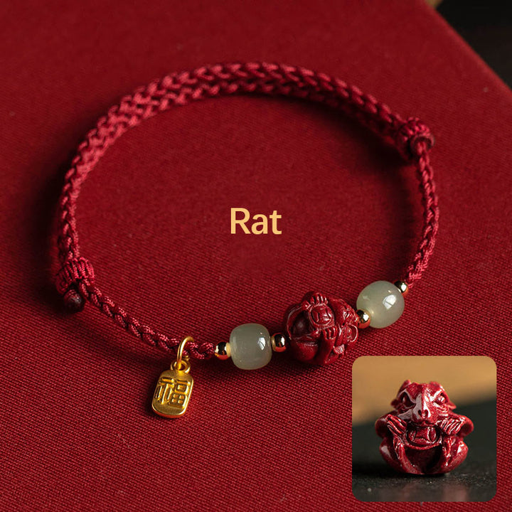 Pulsera de cuerda de la suerte con carácter de Jade Hetian del zodíaco chino cinabrio Natural de Buddha Stones