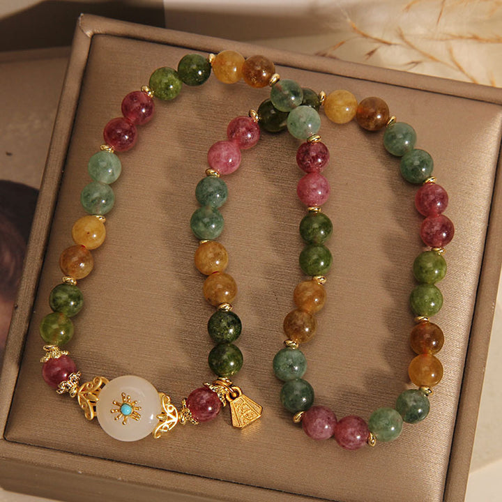 Pulsera de doble vuelta con flor de jade positivo de turmalina multicolor natural de Buddha Stones