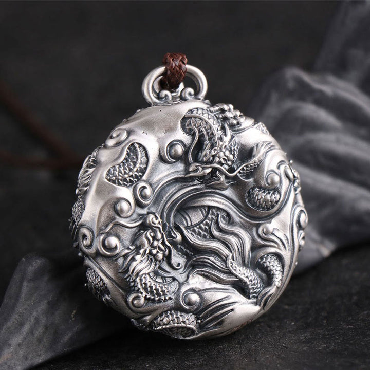 Collar con colgante de plata de ley 999 con Buddha Stones , nueve dragones jugando con una perla, protección de la suerte