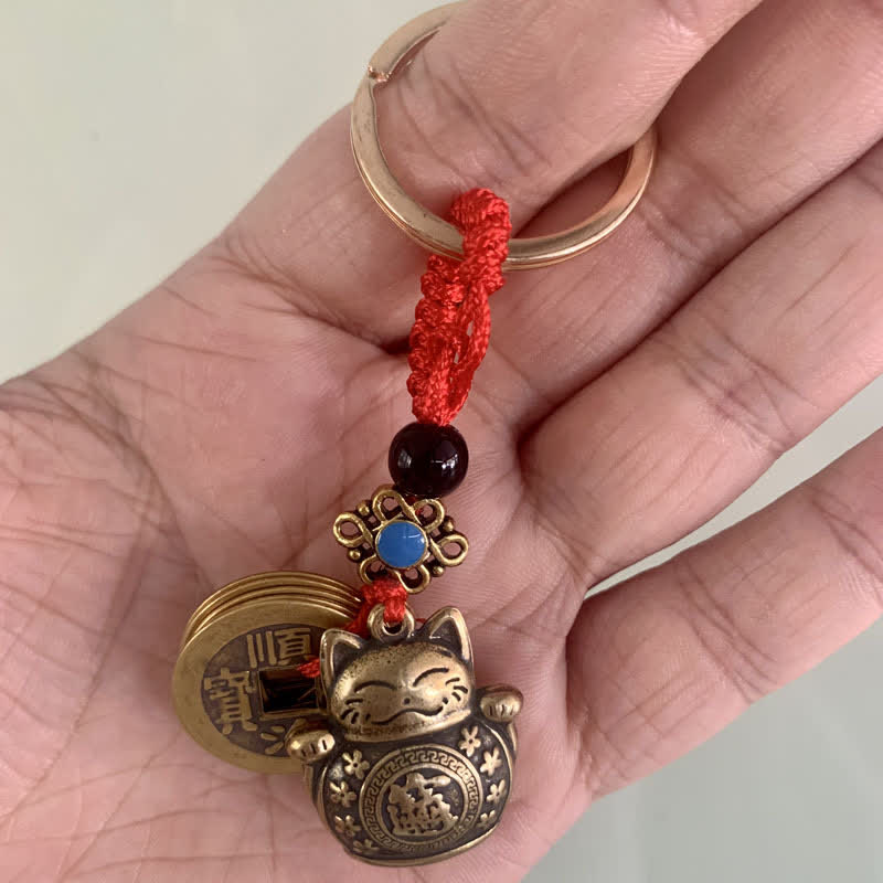 Buddha Stones Feng Shui Cinco Monedas Emperador Gato de la Suerte Dinero Riqueza Llavero