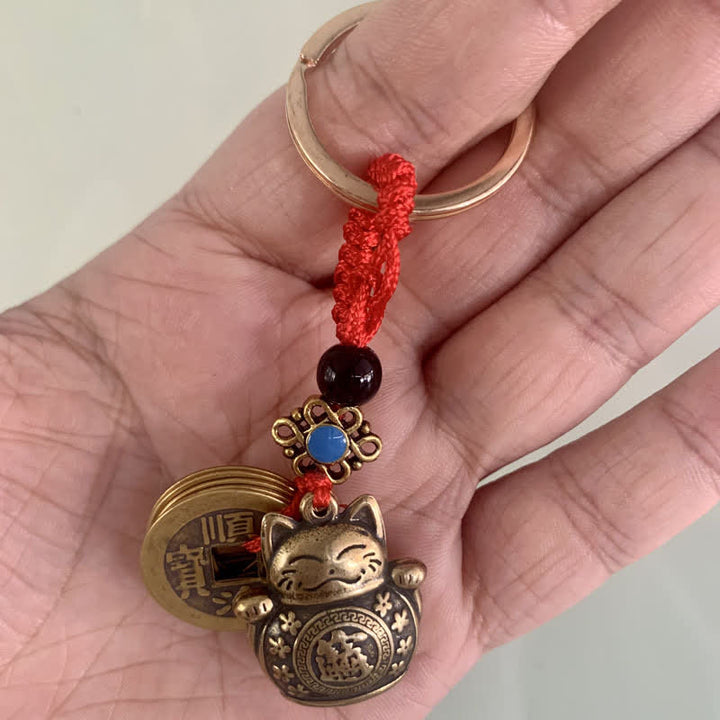 Buddha Stones Feng Shui Cinco Monedas Emperador Gato de la Suerte Dinero Riqueza Llavero