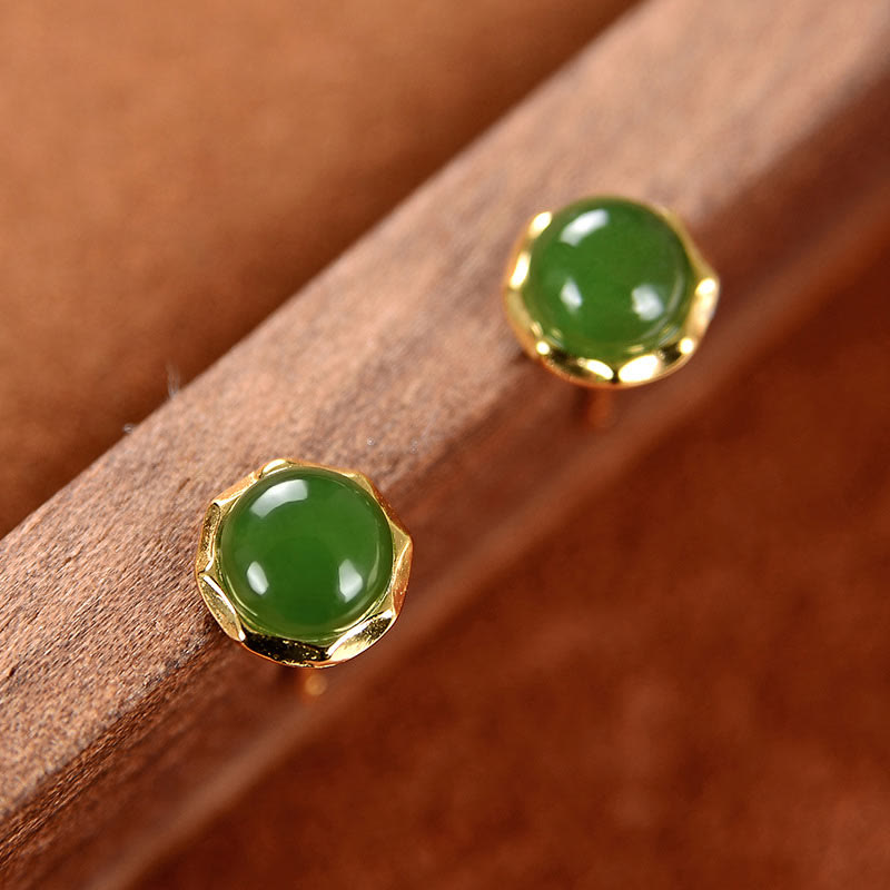 Pendientes de tuerca de la suerte con cuentas de jade cian hetiano natural chapado en plata de ley 925 con Buddha Stones