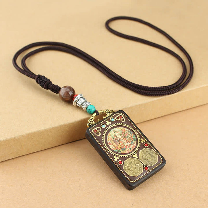 Colgante de collar de paz de ébano Thangka, dios de la riqueza del Tíbet, Buddha Stones