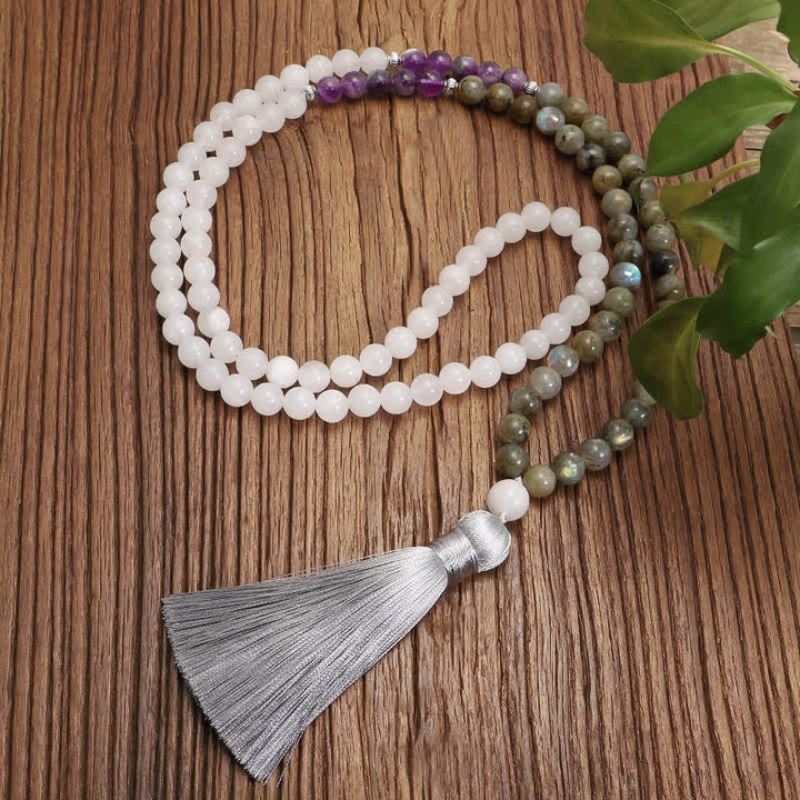 Pulsera de protección de piedra con brillo negro, 108 cuentas Mala, ágata blanca, amatista
