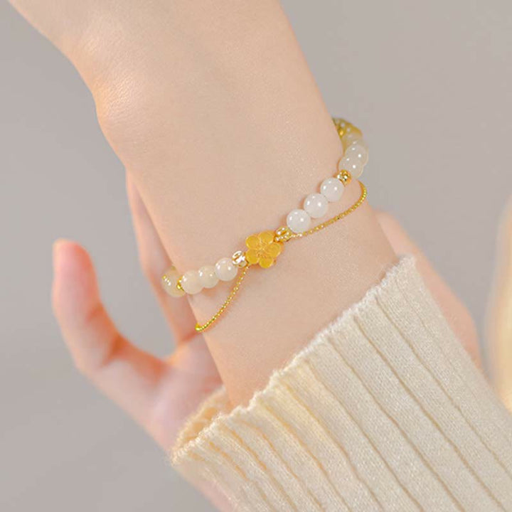Pulsera de cadena de la suerte de flor de melocotón de jade hetiano natural de plata de ley 925 con Buddha Stones