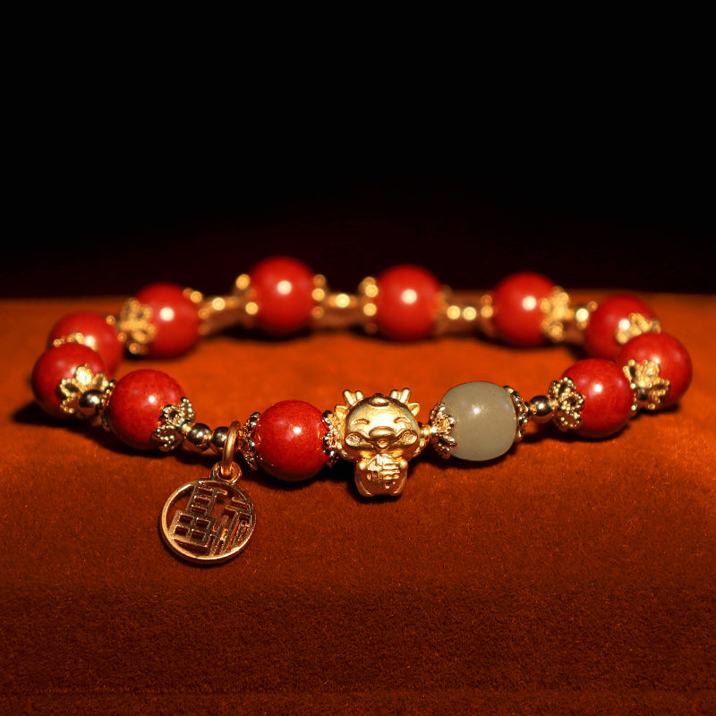Buddha Stones Año del Dragón Cinabrio Natural Fu Carácter Charm Pulsera de Bendición