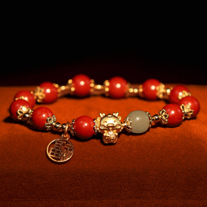 Buddha Stones Año del Dragón Cinabrio Natural Fu Carácter Charm Pulsera de Bendición