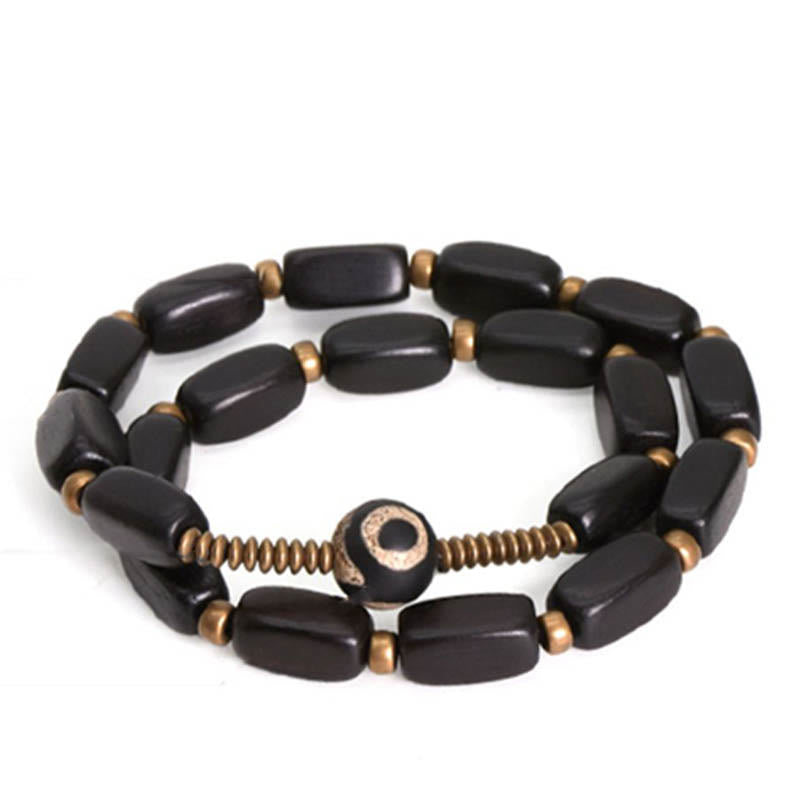 Pulsera de doble envoltura con cuentas Dzi de madera de ébano del Tíbet con Buddha Stones