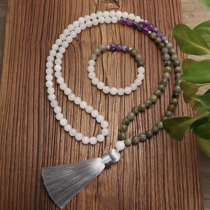 Pulsera de protección de piedra con brillo negro, 108 cuentas Mala, ágata blanca, amatista