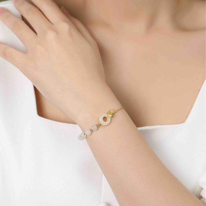 Pulsera de la suerte con Buddha Stones, plata de ley 925, jade blanco hetiano, hebilla de la paz, hoja de Ginkgo