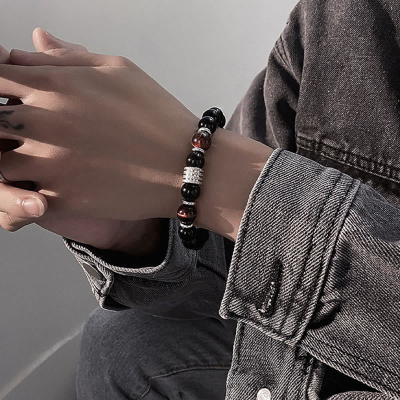 Pulsera de cumplimiento de fuerza de ojo de tigre de obsidiana negra natural con Buddha Stones