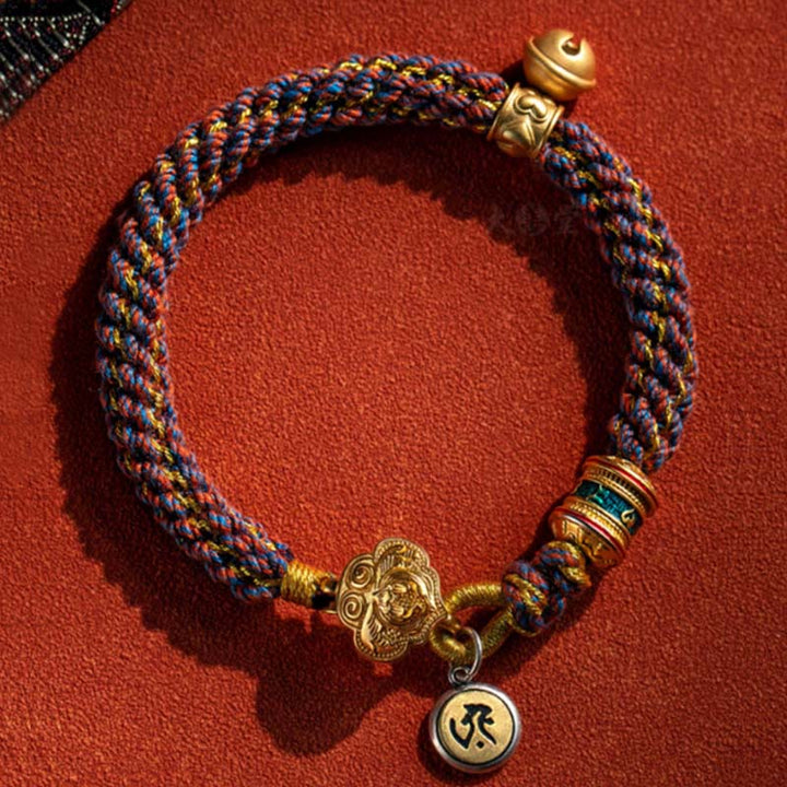 Pulsera de cuerda trenzada con campana de la suerte, Om Mani Padme Hum, Buda natal del zodíaco chino, Plata de Ley 925 con Buddha Stones