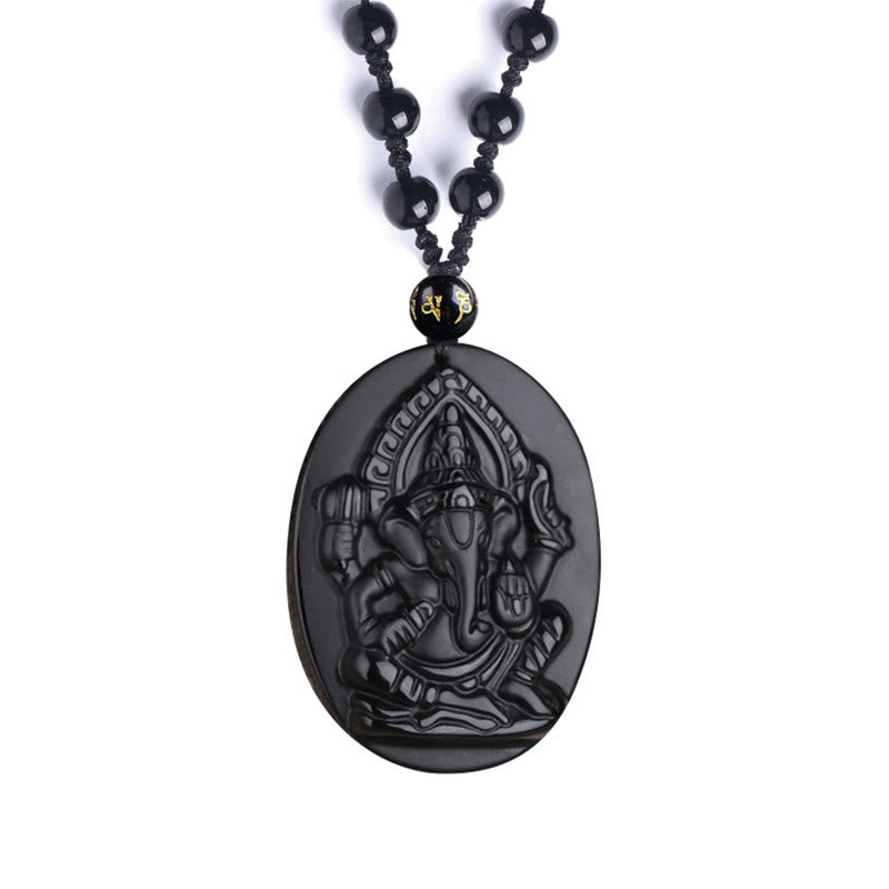 Collar con amuleto de riqueza de elefante Ganesh Ganpati de obsidiana tibetana con Buddha Stones