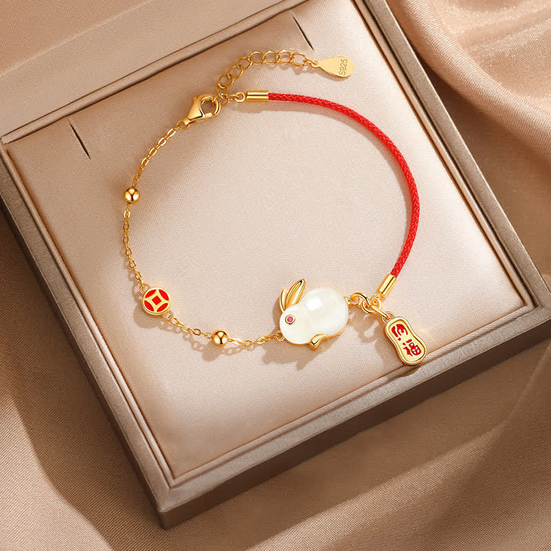 Buddha Stones Año del Conejo Jade Blanco Felicidad Pulsera de Cadena de Hilo Rojo