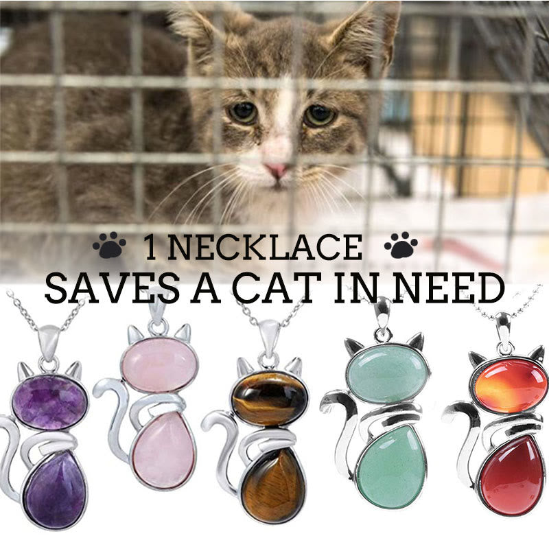 &quot;Save A Cat&quot; Lindo patrón de gato Protección de cristal natural Collar con colgante amante de los gatos - image 1