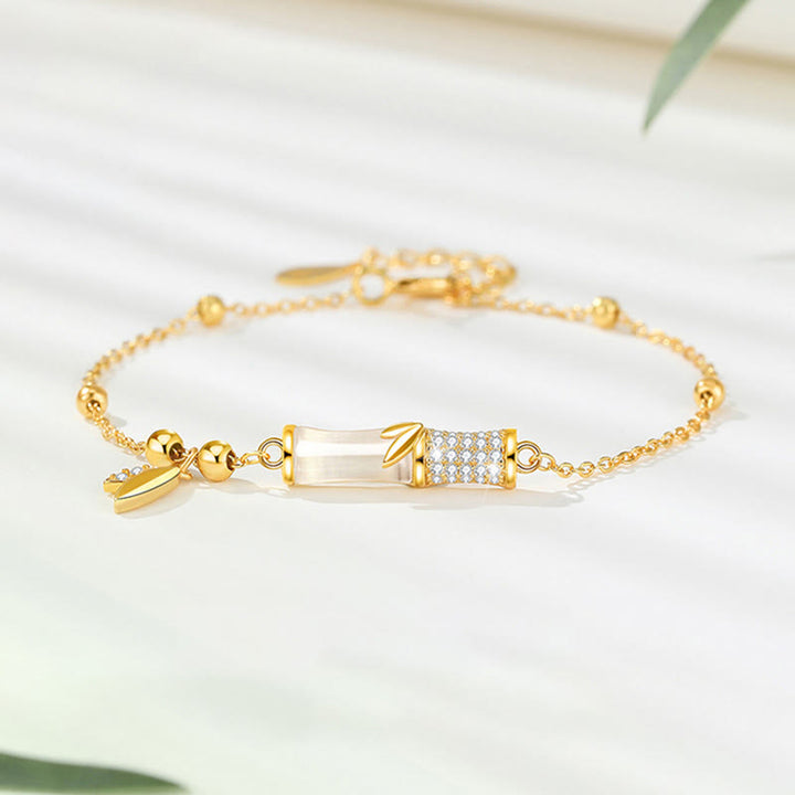 Pulsera de la suerte con hojas de circón de bambú y jade blanco chapada en oro de 18 quilates de plata de ley 925 con Buddha Stones
