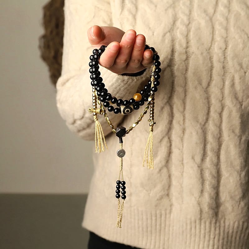Pulsera de protección de cuentas Dzi de tres ojos de ónix negro con cuentas tibetanas de 108 Mala