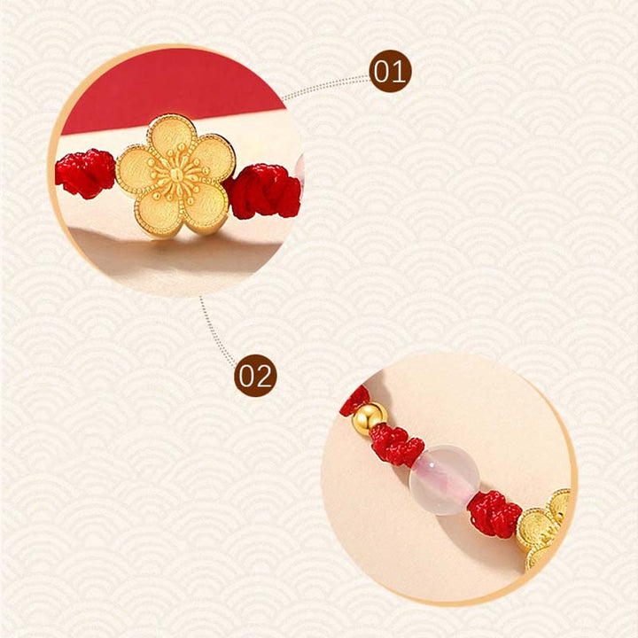 Pulsera de cuerda roja de la suerte con cuentas de calcedonia, cereza, flor de melocotón, Plata de Ley 925 hecha a mano con Buddha Stones