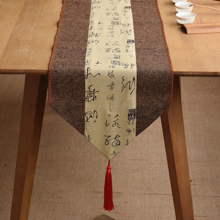 Camino de mesa con borlas de lino y algodón, Buddha Stones, estilo chino clásico, loto, pez Koi, flor, grulla, caligrafía, iluminación