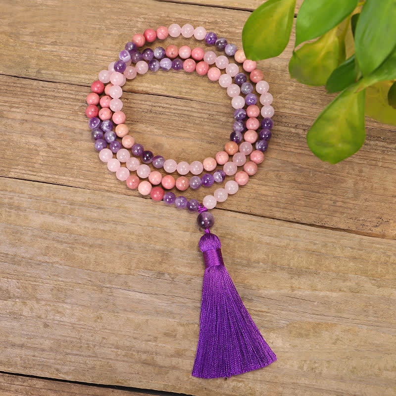 Pulsera de borlas curativas espirituales con Buddha Stones, 108 cuentas Mala, amatista, cuarzo rosa