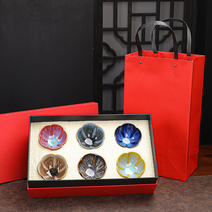 Buddha Stones, 6 uds., patrón de pétalos de flor de ciruelo, horno chino Jianzhan, cambio de taza de té de cerámica, tazón de té de Kung Fu con caja de regalo