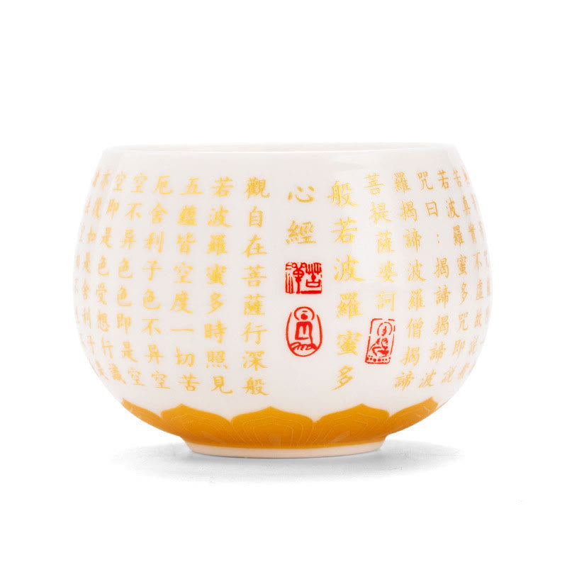 Taza de té y platillo con tapa, taza de té de cerámica Gaiwan, Sutra de corazón budista con Buddha Stones, pequeño personaje Fu