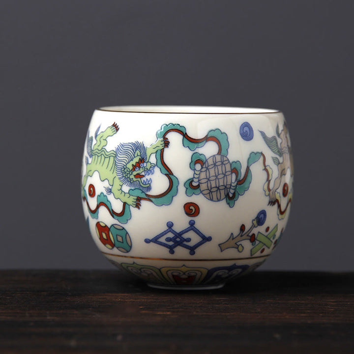 Tazas de té de cerámica con Buddha Stones, Vintage, flor de ciruelo, pino, bambú, Phoenix, Kirin, León, baile