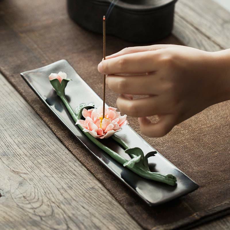 Quemador de incienso espiritual de cerámica con flor de rosa y peonía de loto - image 0