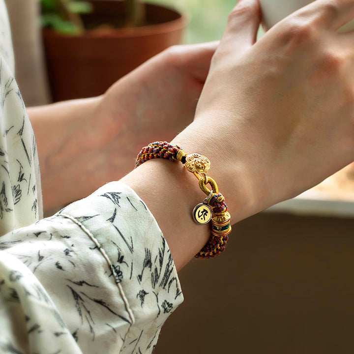 Pulsera de cuerda trenzada con campana de la suerte, Om Mani Padme Hum, Buda natal del zodíaco chino, Plata de Ley 925 con Buddha Stones