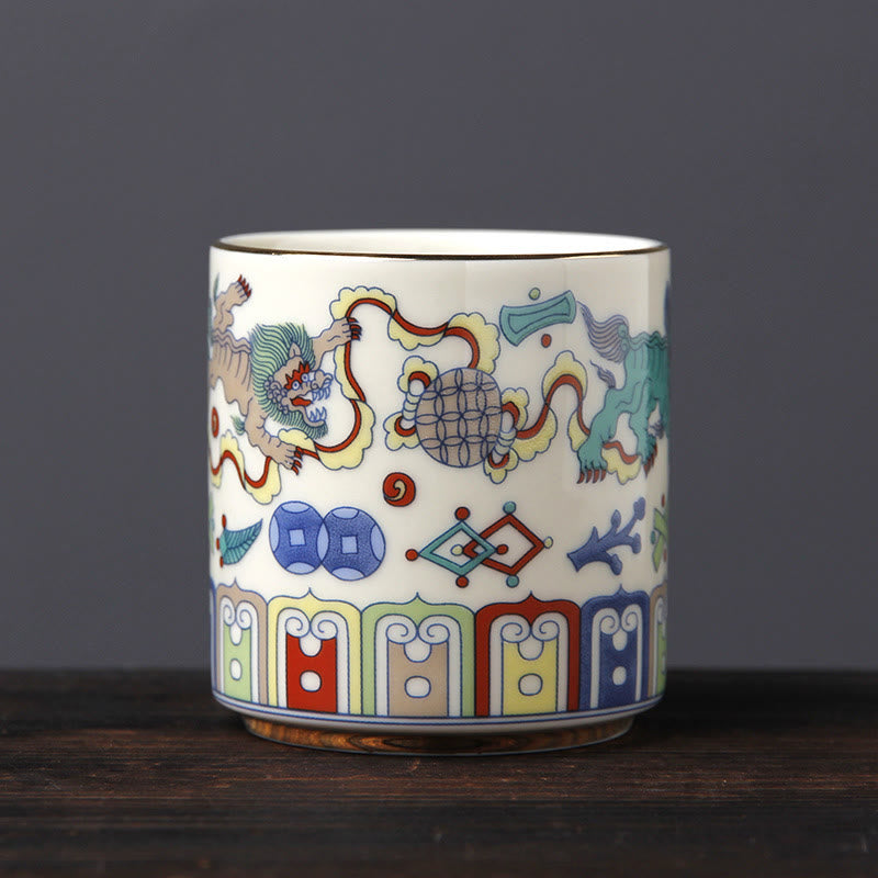 Tazas de té de cerámica con Buddha Stones, Vintage, flor de ciruelo, pino, bambú, Phoenix, Kirin, León, baile