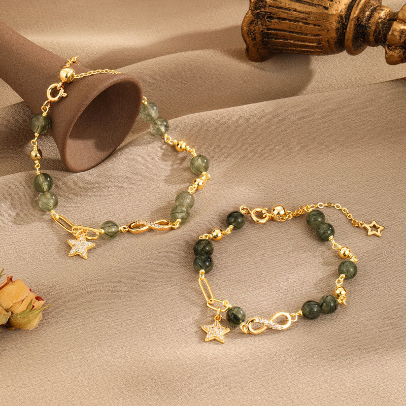 Pulsera de protección de estrella de amor eterno con lazo de Möbius de cuarzo rutilado verde de oro de 14 quilates con Buddha Stones