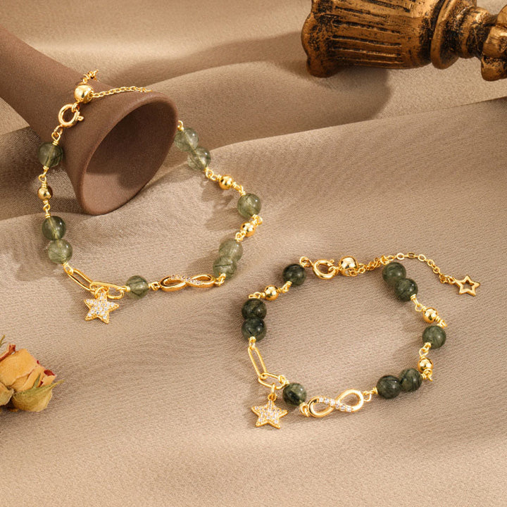 Pulsera de protección de estrella de amor eterno con lazo de Möbius de cuarzo rutilado verde de oro de 14 quilates con Buddha Stones
