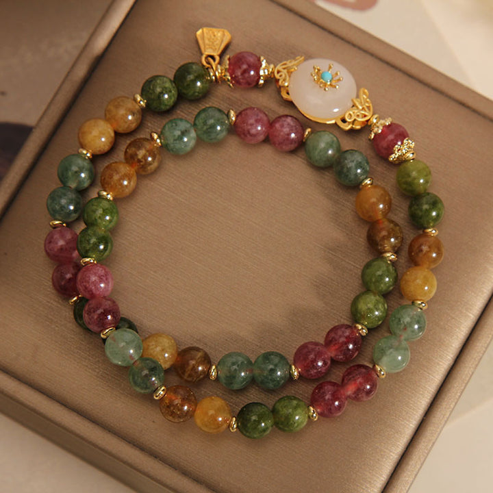 Pulsera de doble vuelta con flor de jade positivo de turmalina multicolor natural de Buddha Stones