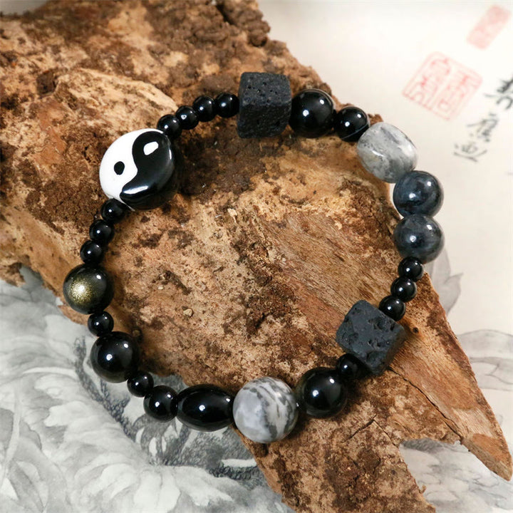 Pulsera de protección de la fortuna Yin Yang con cuentas de jaspe Picasso de ónix negro y Buddha Stones