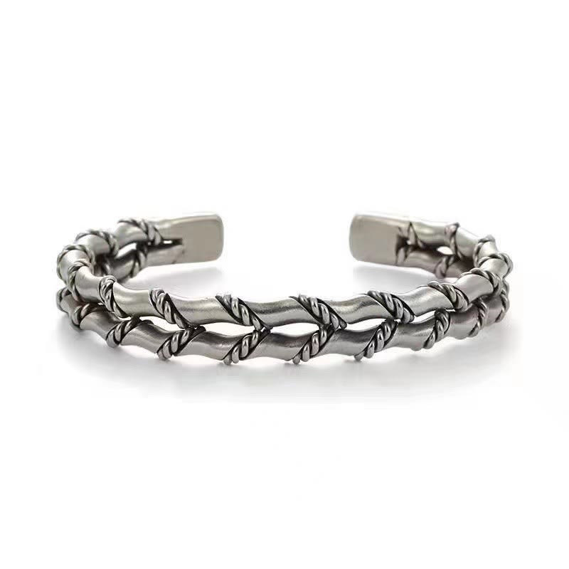 Brazalete de pulsera de la suerte con patrón de bambú de doble capa Vintage de Buddha Stones