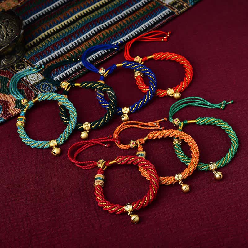 Pulsera de cuerda trenzada con dije de campana y rueda de oración Thangka de protección de la suerte hecha a mano tibetana