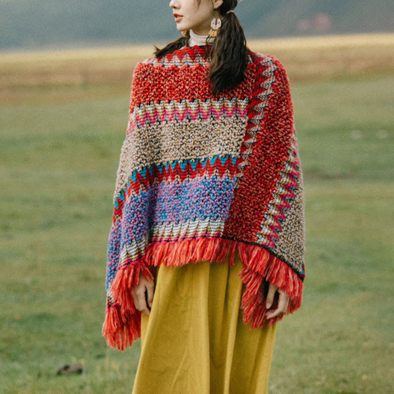 Chal tibetano con Buddha Stones , capa cálida, bufanda tibetana con borlas - Jersey rojo - image 13