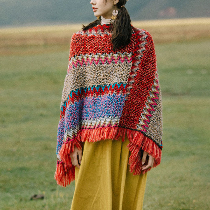 Chal tibetano con Buddha Stones , capa cálida, bufanda tibetana con borlas - Jersey rojo - image 13