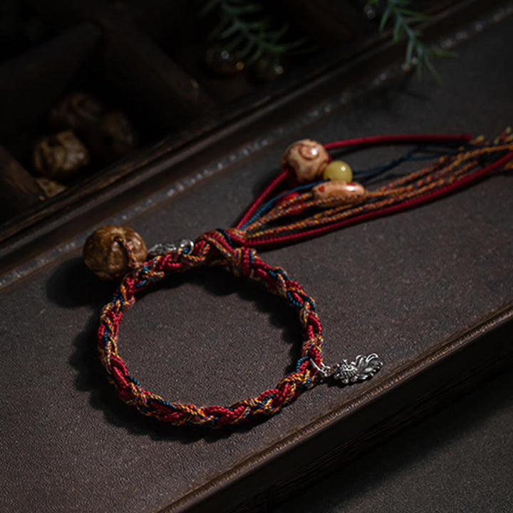 Pulsera de cuerda de fuerza de protección de peces Koi de Plata de Ley 925 con hilo colorido hecho a mano tibetano con Buddha Stones