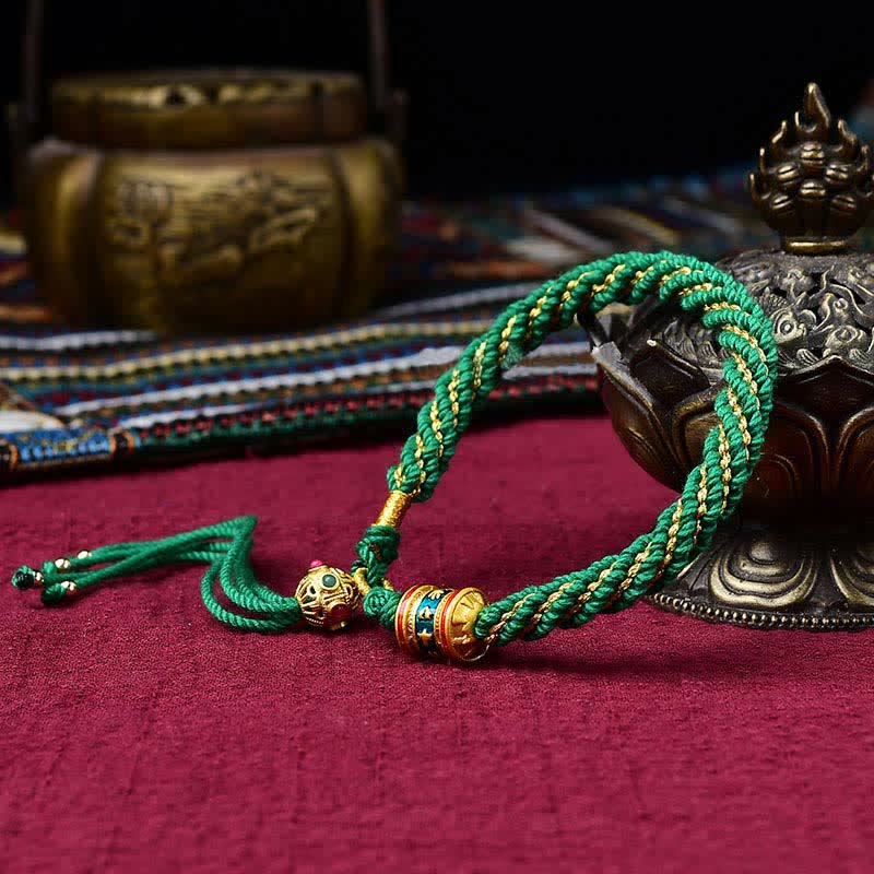 Pulsera de cuerda tejida con dije de rueda de oración Thangka de la suerte hecha a mano tibetana con Buddha Stones