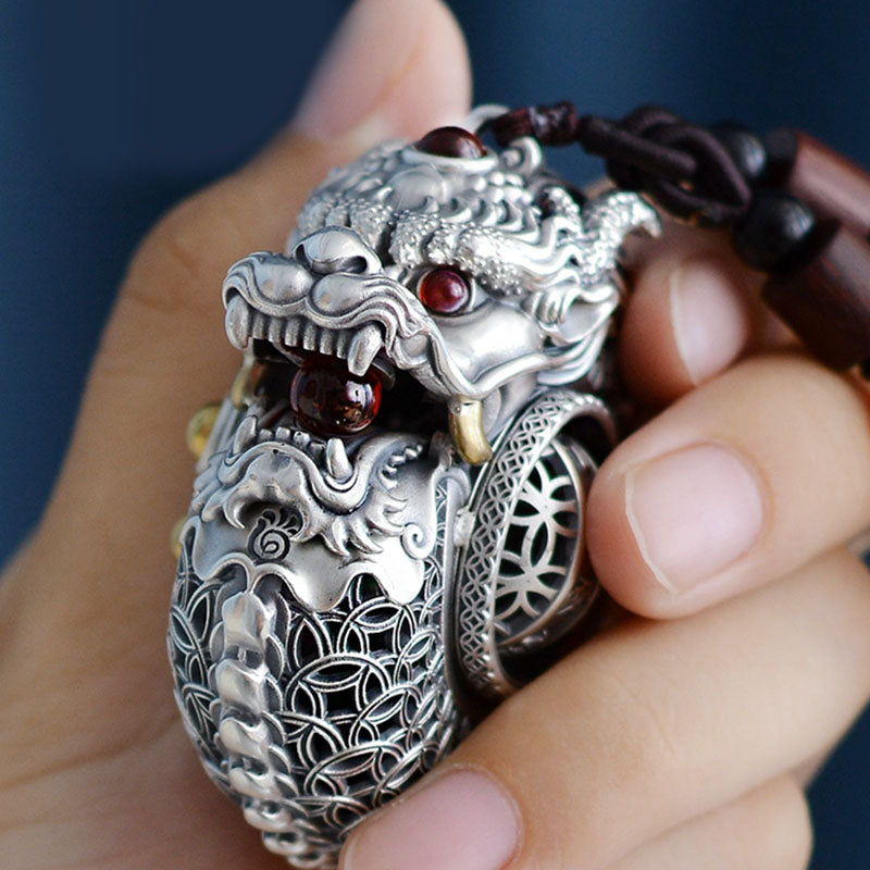 Buddha Stones de plata de ley 999, bola giratoria del Año del Dragón, cinco elementos, moneda de cobre, decoración colgante resistente